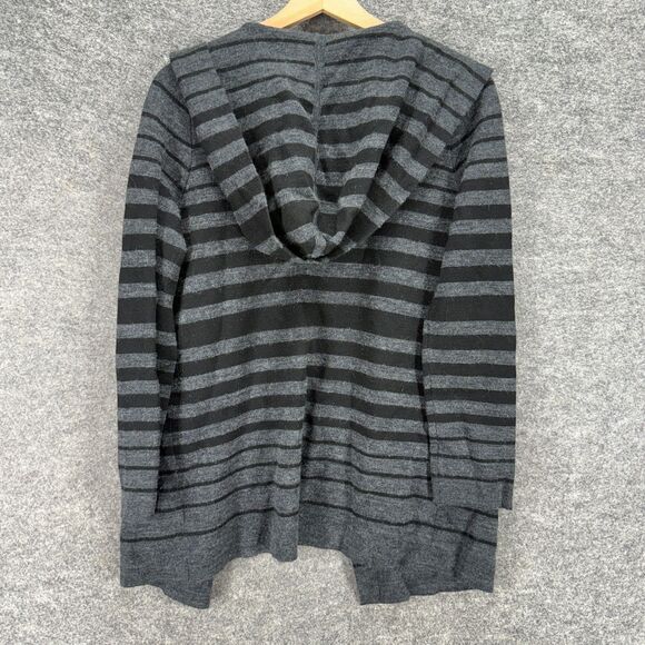 Max Studio Cardigan Women M Medium Gray Striped Open Front Long Sleeve Hooded - Picture 2 of 6